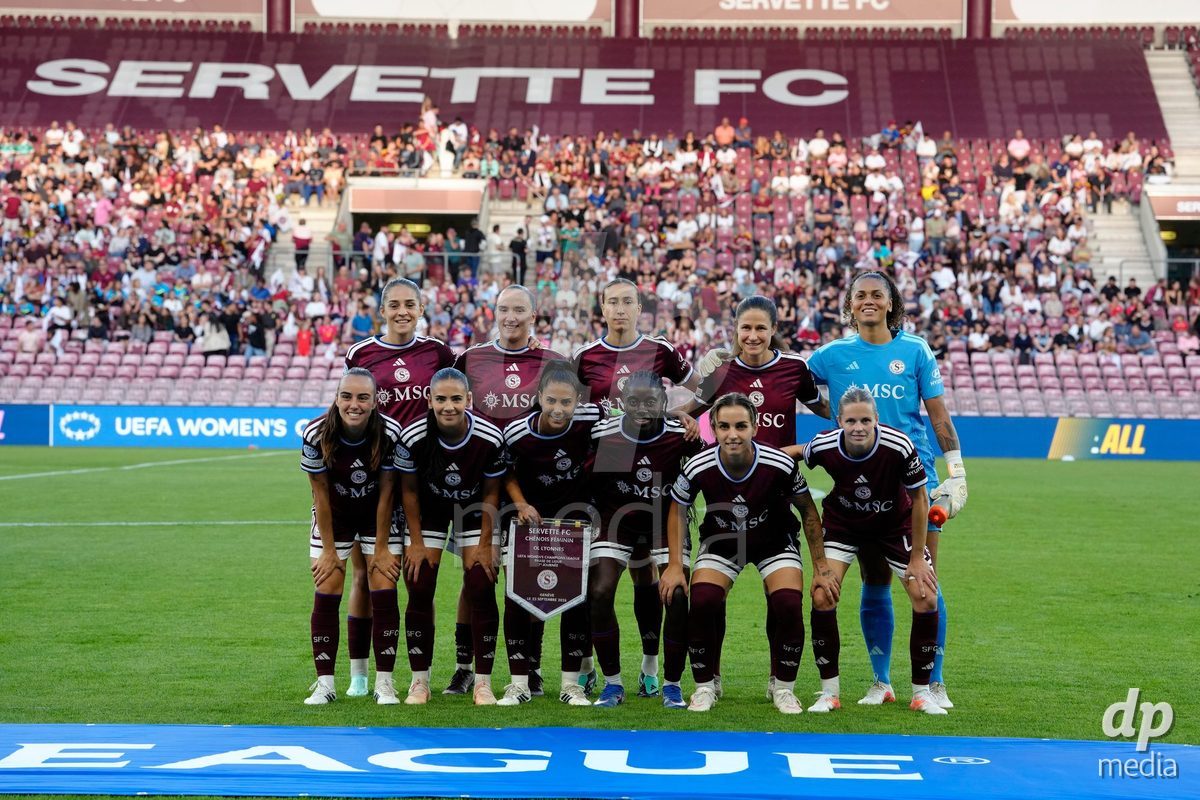 GENEVA, SWITZERLAND - SEPTEMBER 23: Benedicte Simon, Natasa Andonova, Joana Marchao, Amina Muratovic, Goalkeeper Jacintha Weimar, Magdalena Sobal, Daina Bourma, Noemie Carage, Laura Strik, Meriame Terchoun and Laia Balleste of Servette FC Chenois Feminin before the UEFA Women's Champions League match between Servette FC Chenois Feminin and OL Lyonnes at Stade de Geneve on September 23, 2026 in Geneva, Switzerland.