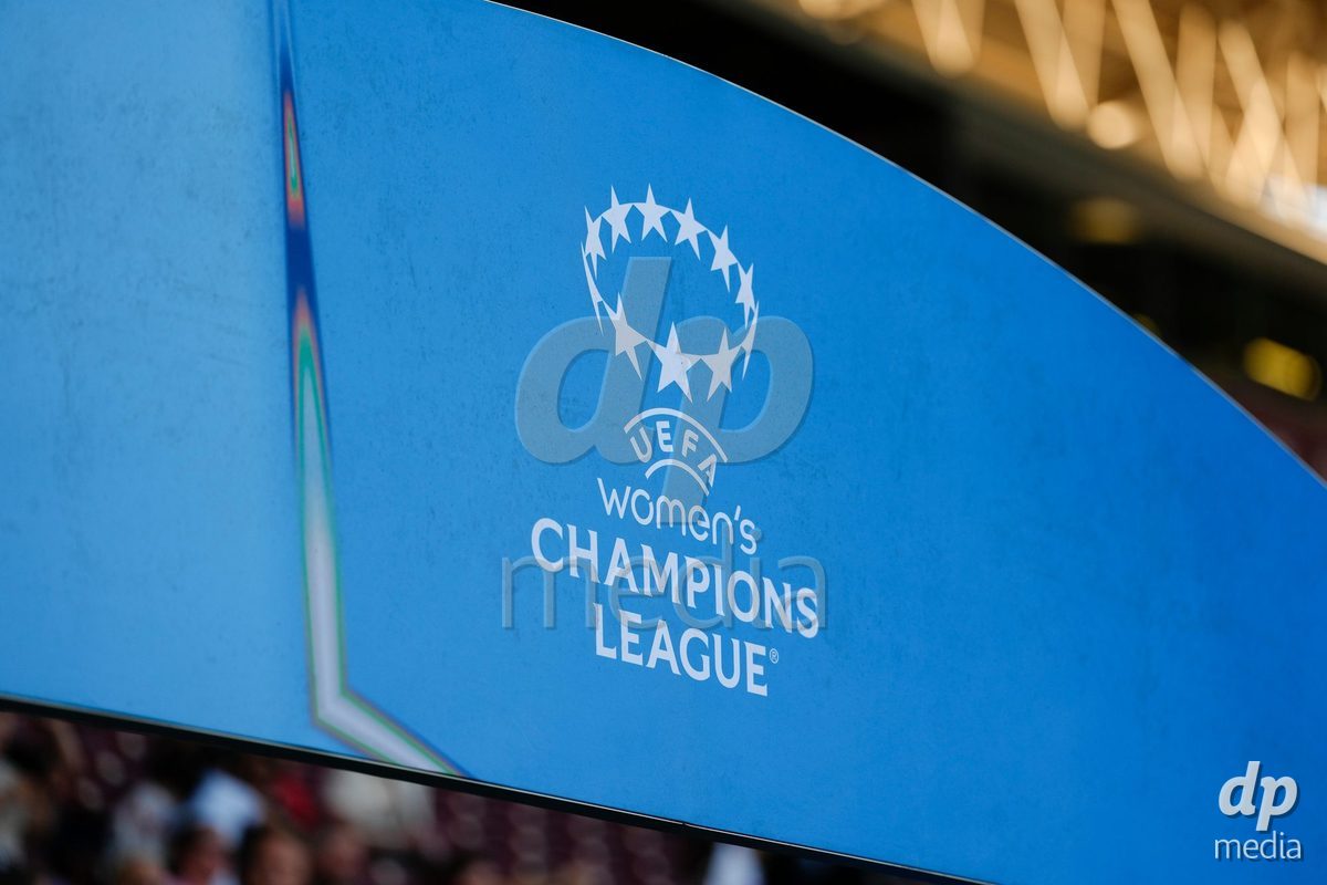 GENEVA, SWITZERLAND - SEPTEMBER 23: Banner of UEFA Women’s Champions League at the UEFA Women's Champions League match between Servette FC Chenois Feminin and OL Lyonnes at Stade de Geneve on September 23, 2026 in Geneva, Switzerland.