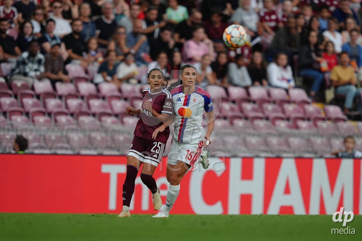 GENEVA, SWITZERLAND - SEPTEMBER 23: Ingrid Engen of Olympique Lyon against Meriame Terchoun of Servette FC Chenois Feminin during the UEFA Women's Champions League match between Servette FC Chenois Feminin and OL Lyonnes at Stade de Geneve on September 23, 2026 in Geneva, Switzerland.