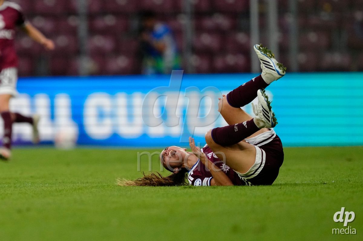 GENEVA, SWITZERLAND - SEPTEMBER 23: Joana Marchao of Servette FC Chenois Feminin after a foul during the UEFA Women's Champions League match between Servette FC Chenois Feminin and OL Lyonnes at Stade de Geneve on September 23, 2026 in Geneva, Switzerland.
