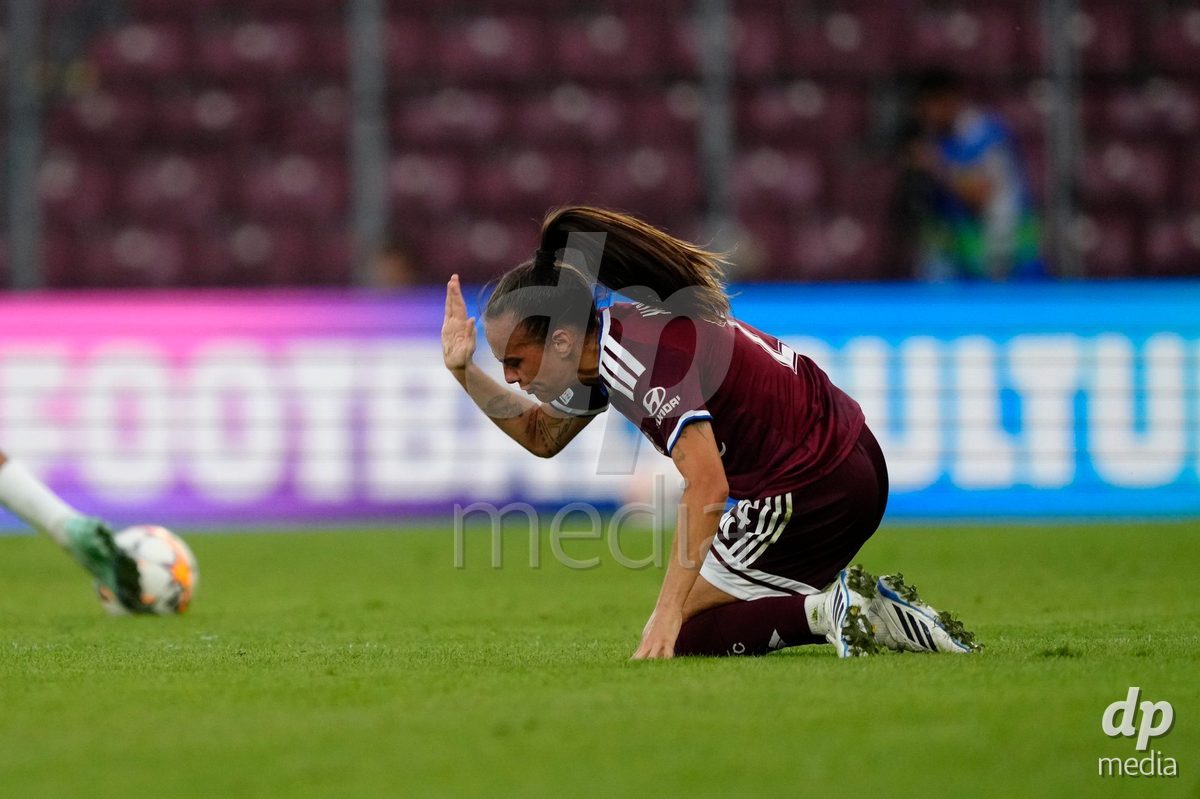 GENEVA, SWITZERLAND - SEPTEMBER 23: Joana Marchao of Servette FC Chenois Feminin is upset after a foul during the UEFA Women's Champions League match between Servette FC Chenois Feminin and OL Lyonnes at Stade de Geneve on September 23, 2026 in Geneva, Switzerland.