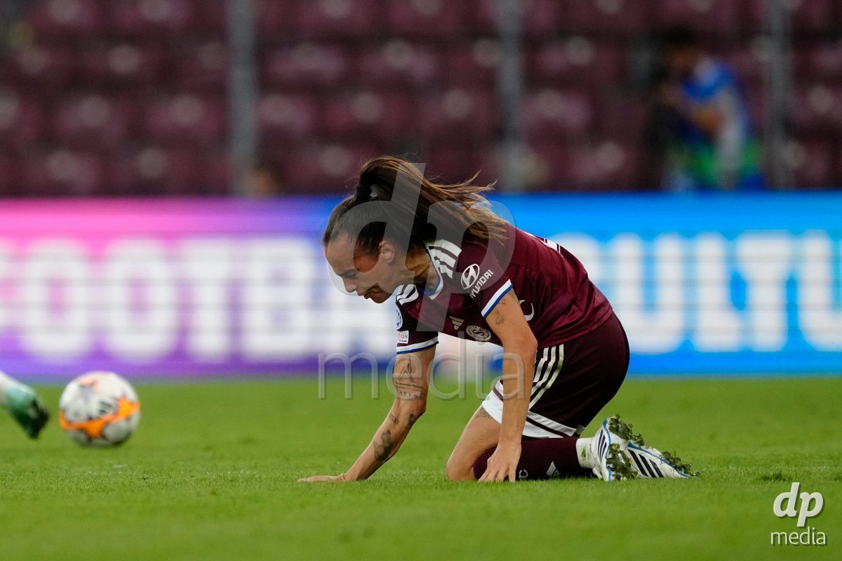 GENEVA, SWITZERLAND - SEPTEMBER 23: Joana Marchao of Servette FC Chenois Feminin is upset after a foul during the UEFA Women's Champions League match between Servette FC Chenois Feminin and OL Lyonnes at Stade de Geneve on September 23, 2026 in Geneva, Switzerland.