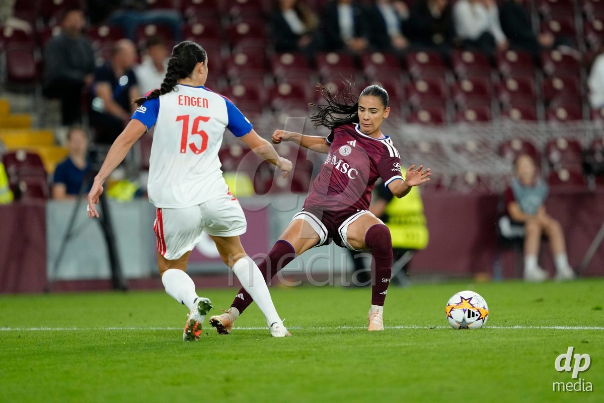 GENEVA, SWITZERLAND - SEPTEMBER 23: Meriame Terchoun of Servette FC Chenois Feminin against Ingrid Engen of Olympique Lyon during the UEFA Women's Champions League match between Servette FC Chenois Feminin and OL Lyonnes at Stade de Geneve on September 23, 2026 in Geneva, Switzerland.