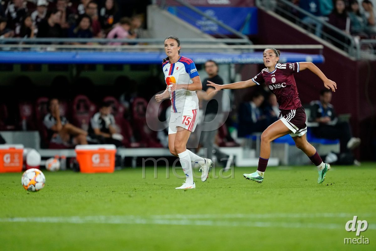 GENEVA, SWITZERLAND - SEPTEMBER 23: Amina Muratovic of Servette FC Chenois Feminin against Ingrid Engen of Olympique Lyon during the UEFA Women's Champions League match between Servette FC Chenois Feminin and OL Lyonnes at Stade de Geneve on September 23, 2026 in Geneva, Switzerland.