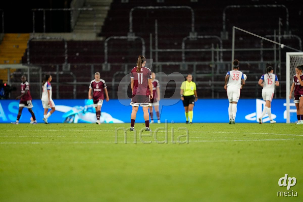 GENEVA, SWITZERLAND - SEPTEMBER 23: Magdalena Sobal of Servette FC Chenois Feminin disappointed on the pitch after the 0:6 for OL Lyonnes during the UEFA Women's Champions League match between Servette FC Chenois Feminin and OL Lyonnes at Stade de Geneve on September 23, 2026 in Geneva, Switzerland.