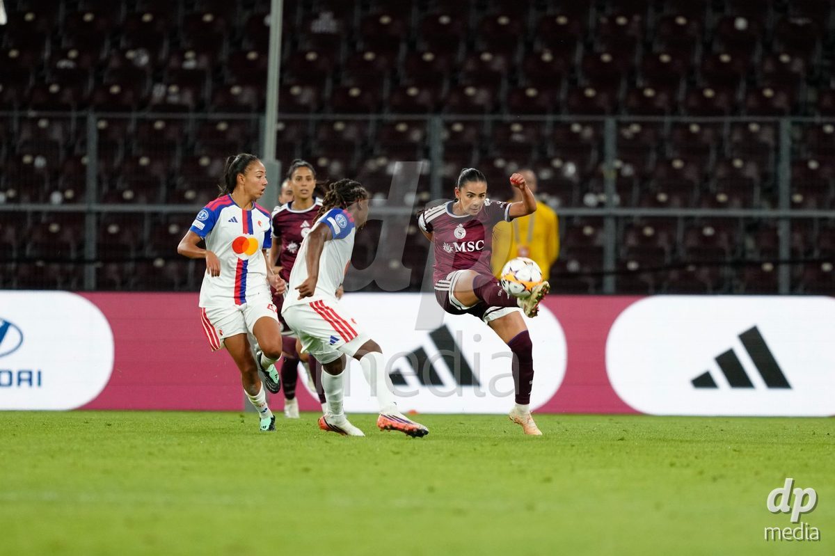 GENEVA, SWITZERLAND - SEPTEMBER 23: Meriame Terchoun of Servette FC Chenois Feminin against Selma Bacha of Olympique Lyon during the UEFA Women's Champions League match between Servette FC Chenois Feminin and OL Lyonnes at Stade de Geneve on September 23, 2026 in Geneva, Switzerland.