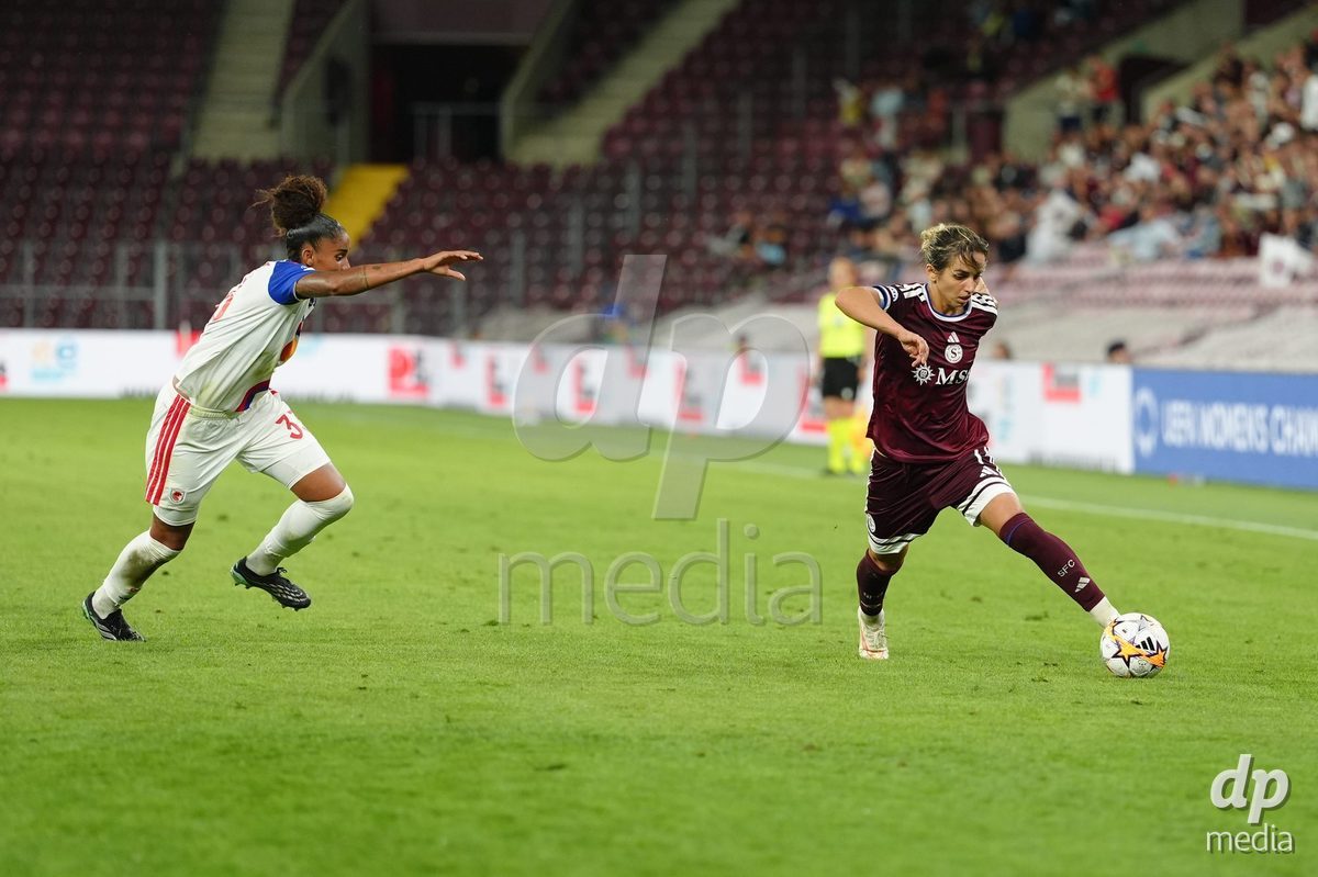 GENEVA, SWITZERLAND - SEPTEMBER 23: Natasa Andonova of Servette FC Chenois Feminin against Tarciane dos Santos de Lima of Olympique Lyon during the UEFA Women's Champions League match between Servette FC Chenois Feminin and OL Lyonnes at Stade de Geneve on September 23, 2026 in Geneva, Switzerland.