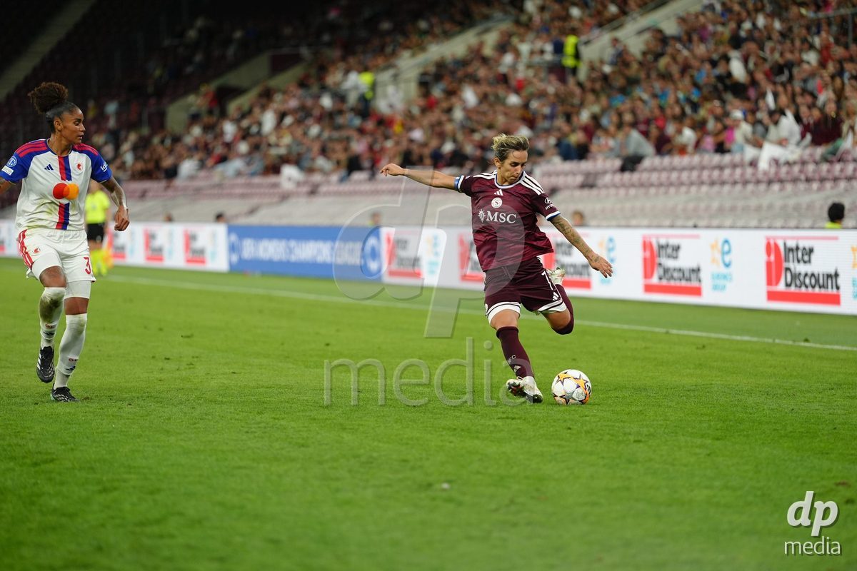 GENEVA, SWITZERLAND - SEPTEMBER 23: Natasa Andonova of Servette FC Chenois Feminin against Tarciane dos Santos de Lima of Olympique Lyon during the UEFA Women's Champions League match between Servette FC Chenois Feminin and OL Lyonnes at Stade de Geneve on September 23, 2026 in Geneva, Switzerland.