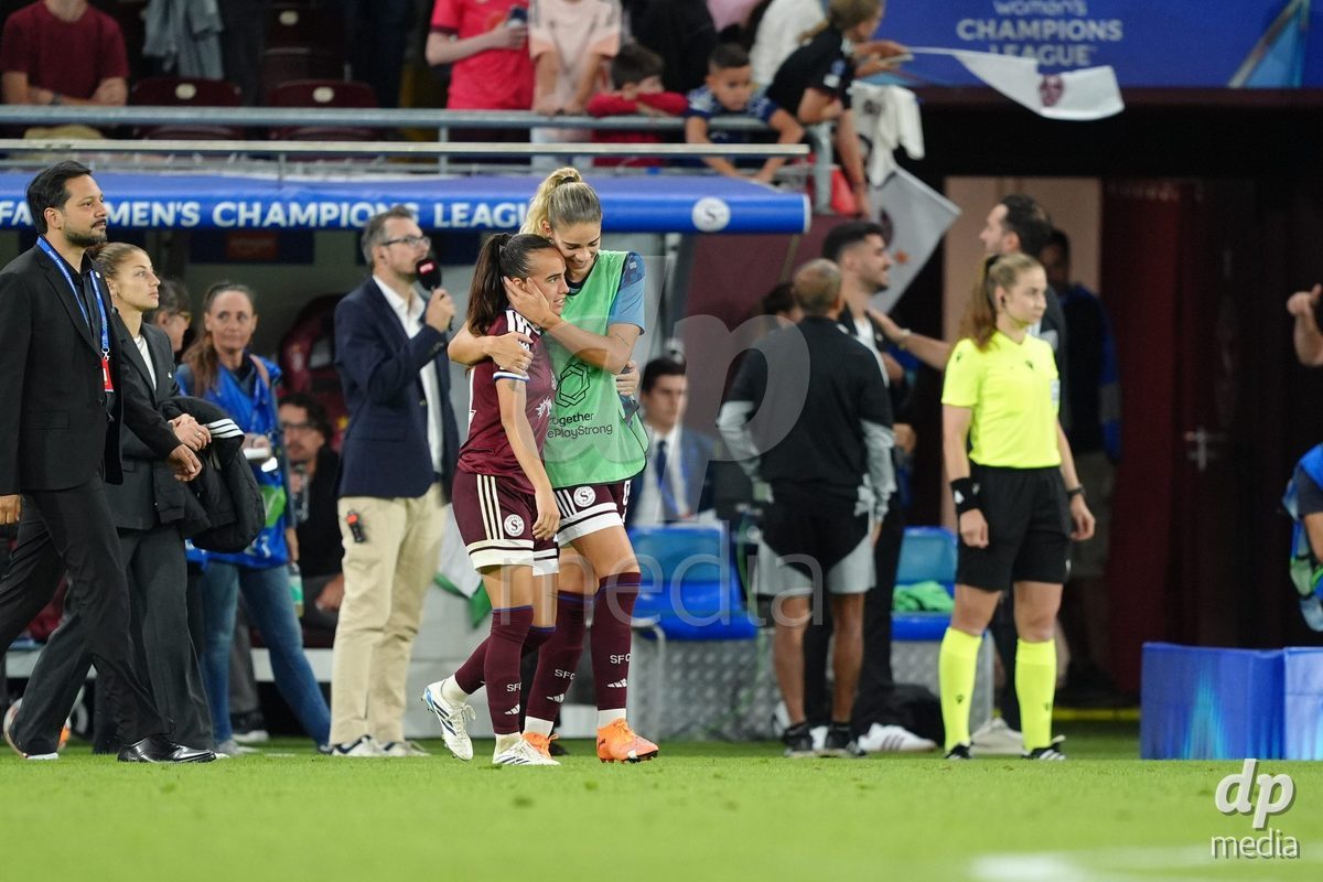 GENEVA, SWITZERLAND - SEPTEMBER 23: Joana Marchao and Stefanie Da Eira of Servette FC Chenois Feminin disappointed after the UEFA Women's Champions League match between Servette FC Chenois Feminin and OL Lyonnes at Stade de Geneve on September 23, 2026 in Geneva, Switzerland.