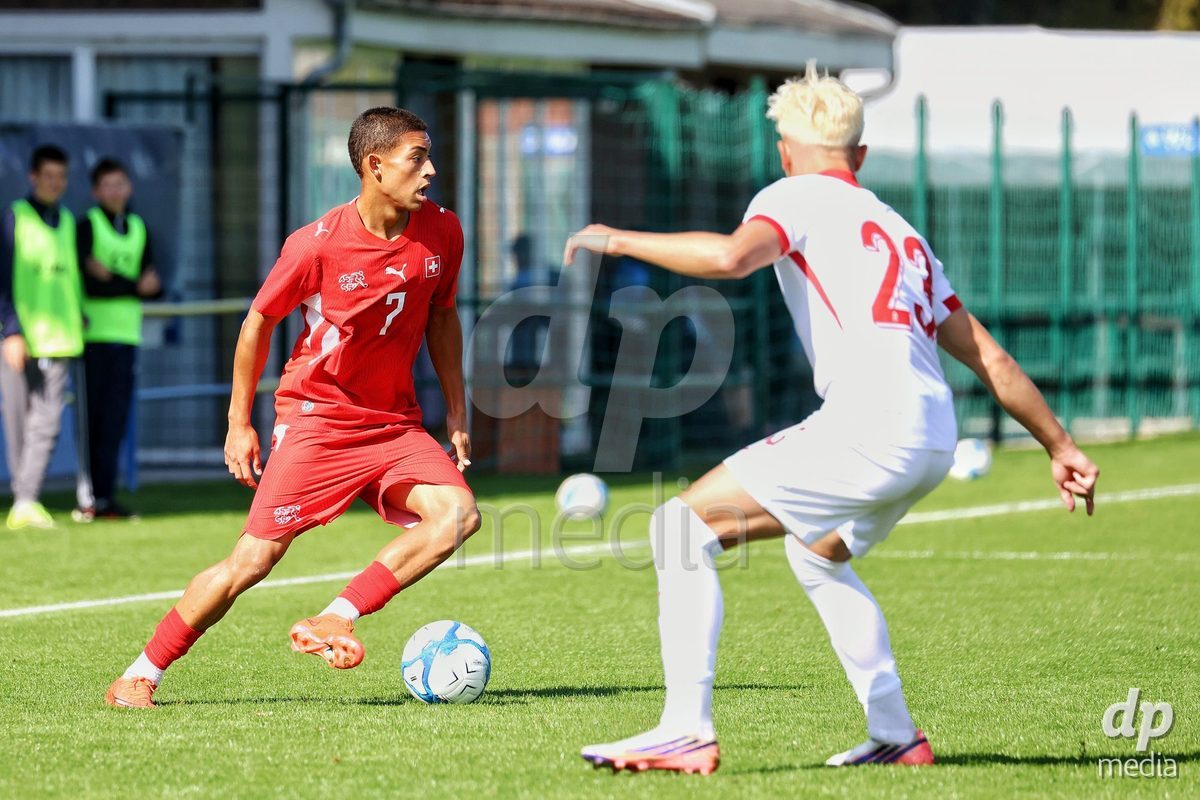DUNAJSKA LUZNA, SLOVAKIA - SEPTEMBER 25: Sandro Wyss 7 the International Friendly football match between Switzerland U19 and Poland U19 on September 25, 2026 in Dunajska Luzna, Slovakia.
