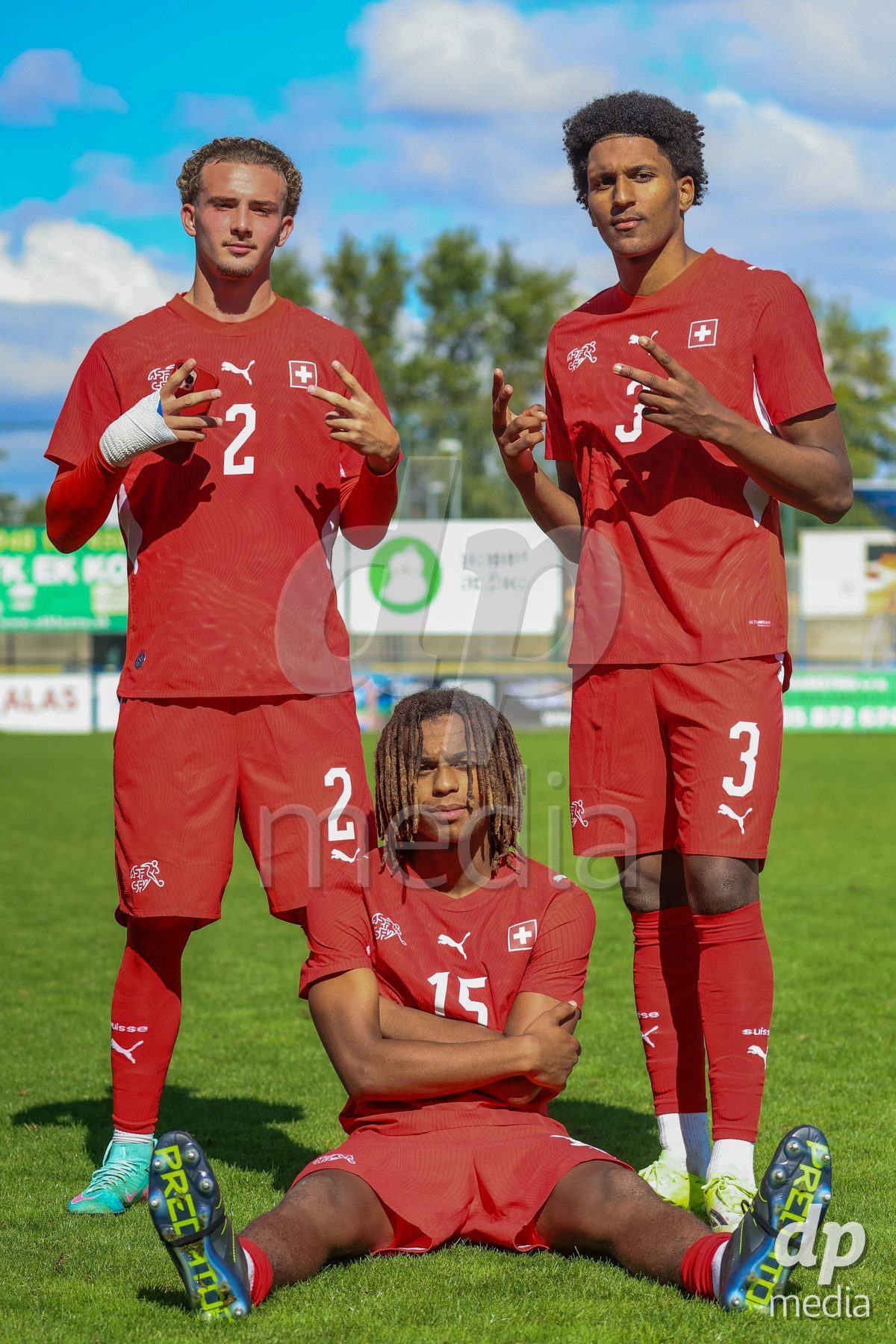 DUNAJSKA LUZNA, SLOVAKIA - SEPTEMBER 25: Marco Correia and Norbu Lhakpa, Marco Correia the International Friendly football match between Switzerland U19 and Poland U19 on September 25, 2026 in Dunajska Luzna, Slovakia.