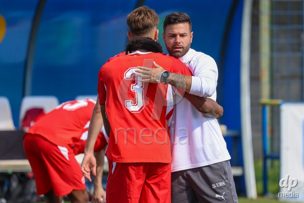 DUNAJSKA LUZNA, SLOVAKIA - SEPTEMBER 25: Swiss delight the International Friendly football match between Switzerland U19 and Poland U19 on September 25, 2026 in Dunajska Luzna, Slovakia.