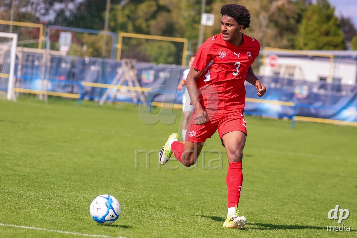 DUNAJSKA LUZNA, SLOVAKIA - SEPTEMBER 25: Olivier Mambwa the International Friendly football match between Switzerland U19 and Poland U19 on September 25, 2026 in Dunajska Luzna, Slovakia.