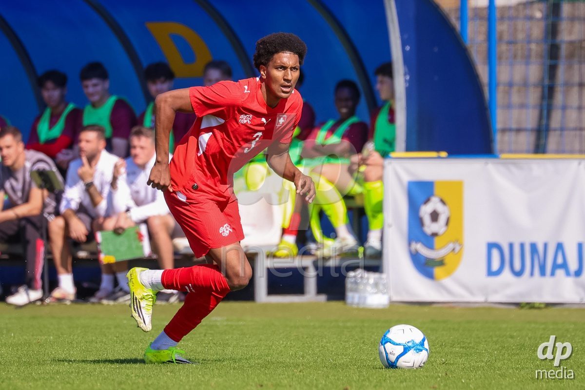 DUNAJSKA LUZNA, SLOVAKIA - SEPTEMBER 25: Olivier Mambwa the International Friendly football match between Switzerland U19 and Poland U19 on September 25, 2026 in Dunajska Luzna, Slovakia.