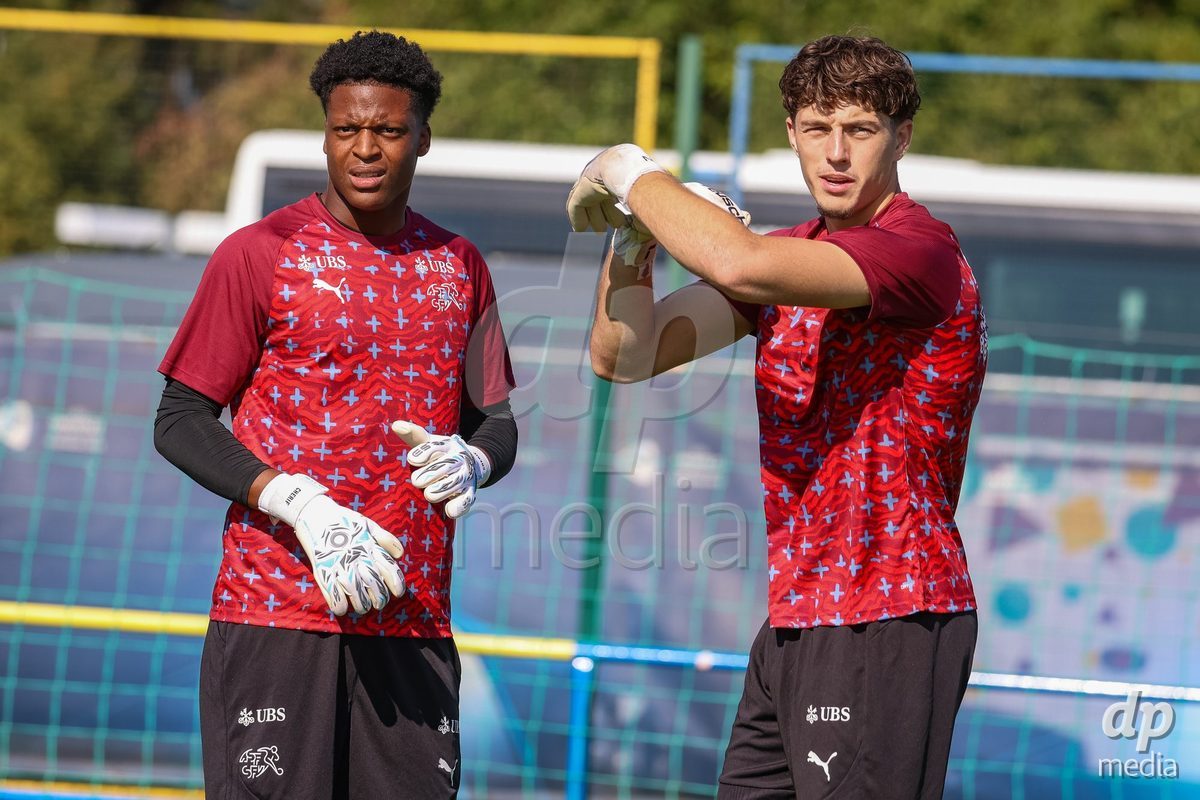 DUNAJSKA LUZNA, SLOVAKIA - SEPTEMBER 25: Swiss goalkeeper warm-up the International Friendly football match between Switzerland U19 and Poland U19 on September 25, 2026 in Dunajska Luzna, Slovakia.