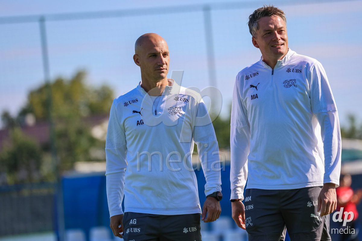 DUNAJSKA LUZNA, SLOVAKIA - SEPTEMBER 25: Swiss crew members the International Friendly football match between Switzerland U19 and Poland U19 on September 25, 2026 in Dunajska Luzna, Slovakia.
