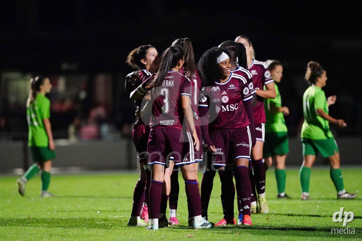 MAGADINO, SWITZERLAND - SEPTEMBER 26:  Ghoutia Karchouni of the Servette FC celebrates after score her first goal during the AXA Women's Cup match between AS Gambarogno and Servette FC Chenois Feminin at Centro Sportivo on September 26, 2026 in Magadino.