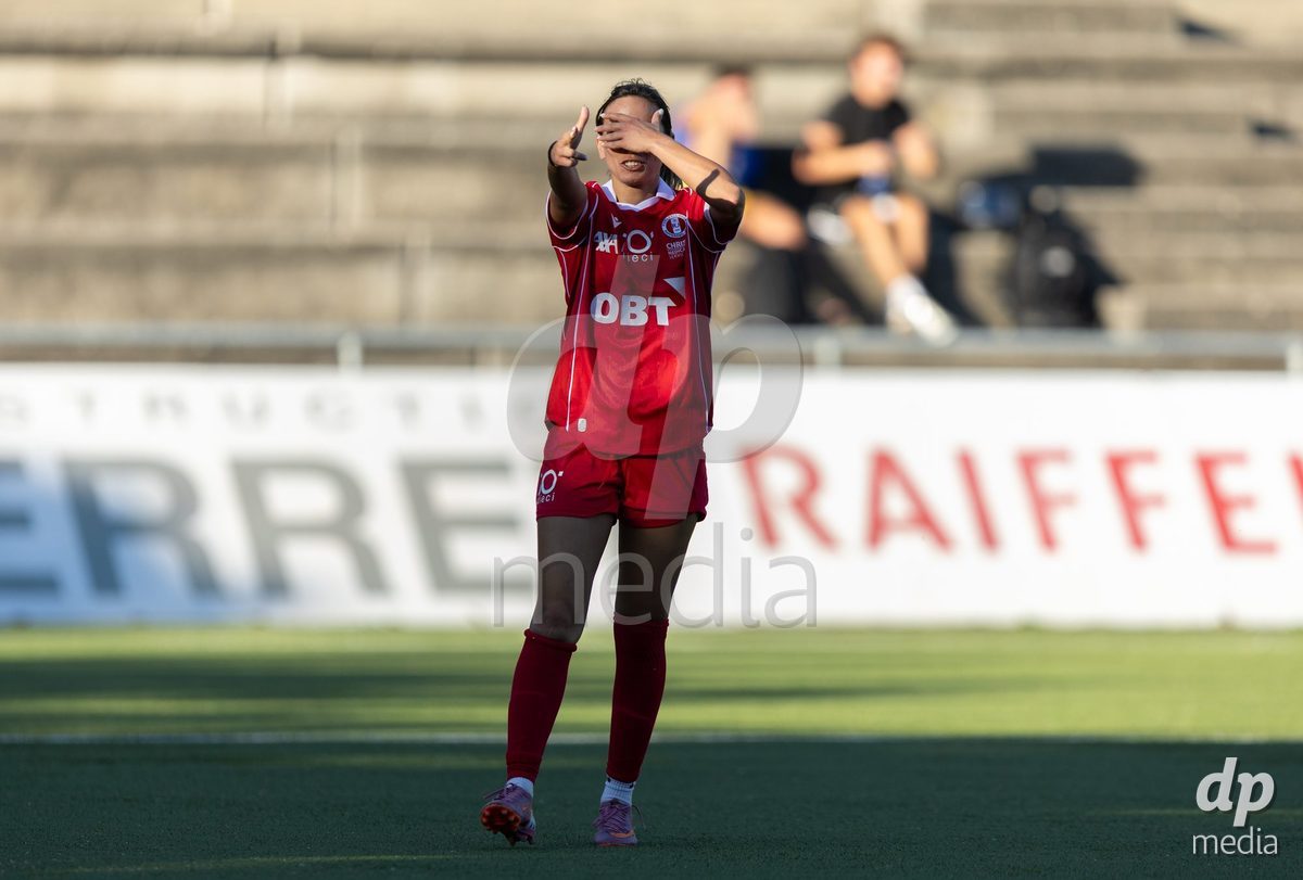 CAROUGE, SWITZERLAND - SEPTEMBER 27: 7 Evdokia Dimitrova Popadinova of FC Rapperswil-Jona celebrates scoring her team's third goal to make the score 0-3 during the AXA Women's Cup match between Etoile Carouge FC and FC Rapperswil-Jona at Stade de la Fontenette on September 27, 2026 in Carouge, Switzerland.