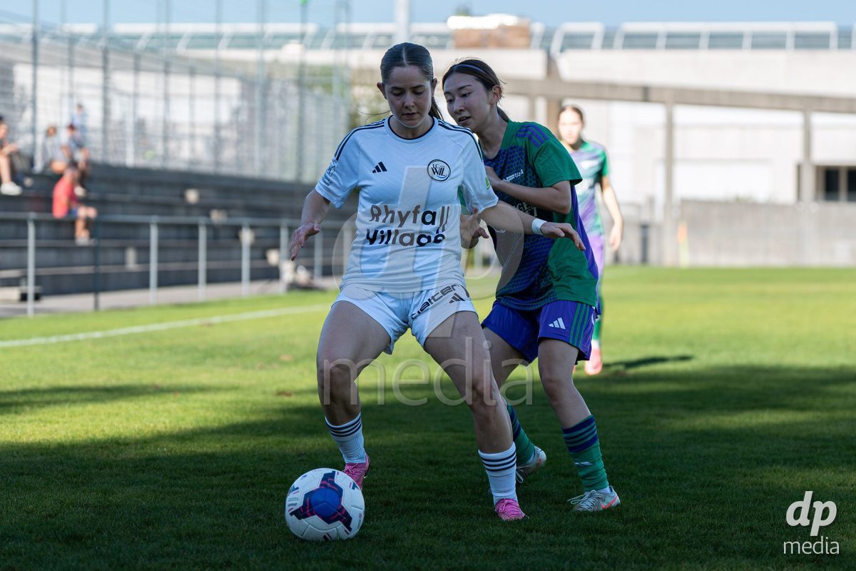 COPPET, SWITZERLAND - SEPTEMBER 27: Players battle for the ball during the AXA Women's Cup match between US Terre Sainte and FC Wil 1900 at Centre sportif des Rojalets on September 27, 2026 in Coppet, Switzerland.