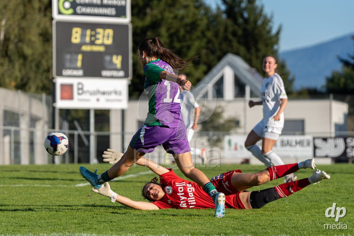 COPPET, SWITZERLAND - SEPTEMBER 27: Tiffany Heidi Jaelynn Normand of US Terre Sainte kicks the ball during the AXA Women's Cup match between US Terre Sainte and FC Wil 1900 at Centre sportif des Rojalets on September 27, 2026 in Coppet, Switzerland.