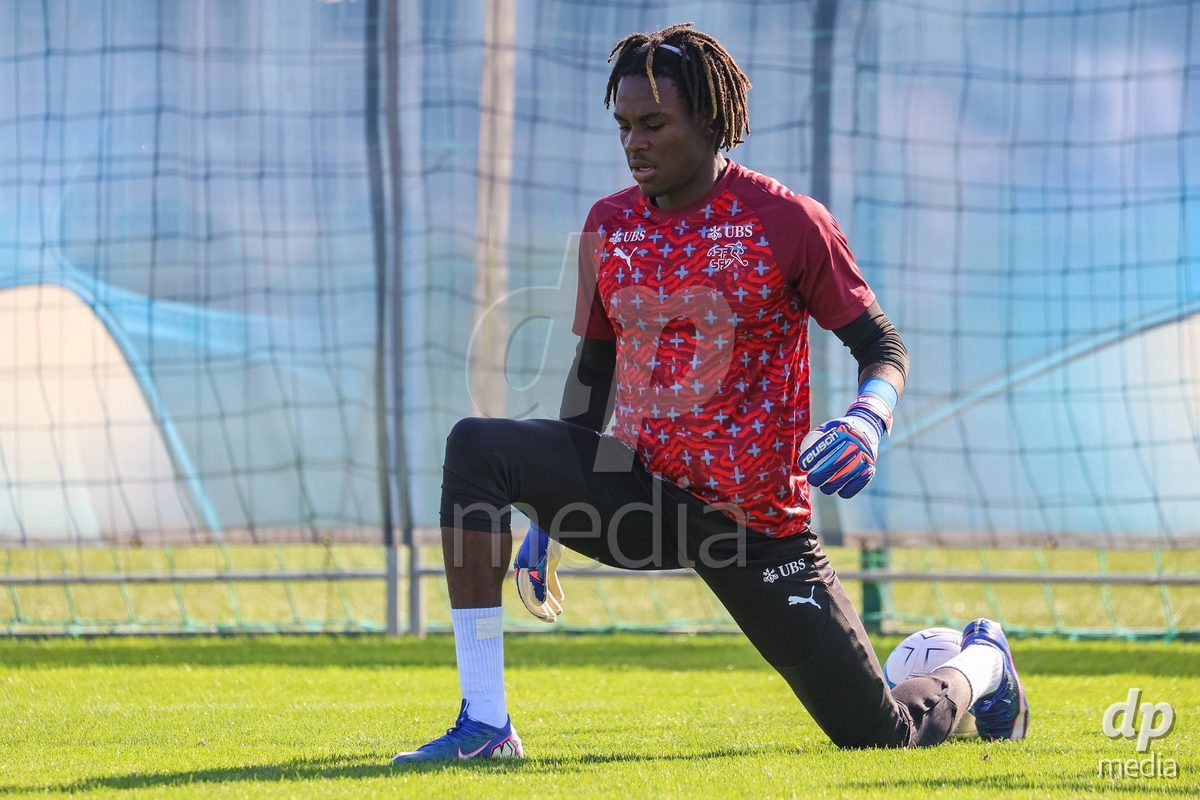 DUNAJSKA LUZNA, SLOVAKIA - SEPTEMBER 28: Switzerland team warm-up the International Friendly football match between Kazakhstan U19 and Switzerland U19 on September 28, 2026 in Dunajska Luzna, Slovakia.