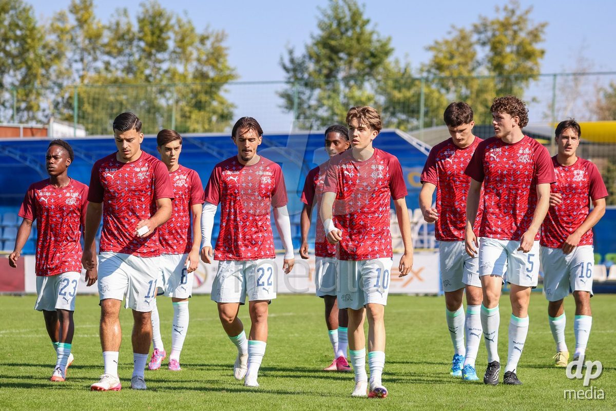 DUNAJSKA LUZNA, SLOVAKIA - SEPTEMBER 28: Switzerland team warm-up the International Friendly football match between Kazakhstan U19 and Switzerland U19 on September 28, 2026 in Dunajska Luzna, Slovakia.