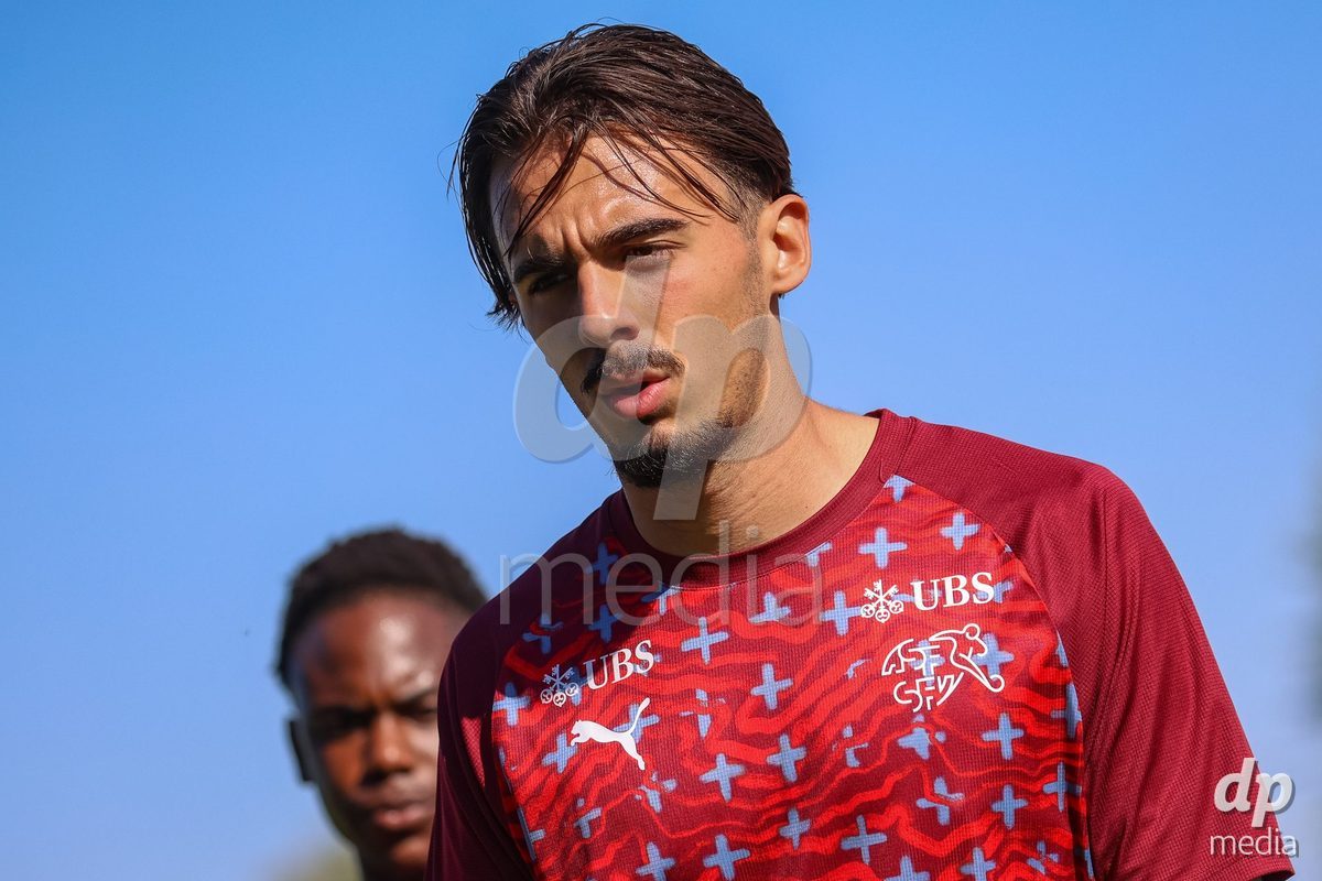 DUNAJSKA LUZNA, SLOVAKIA - SEPTEMBER 28: Switzerland team warm-up the International Friendly football match between Kazakhstan U19 and Switzerland U19 on September 28, 2026 in Dunajska Luzna, Slovakia.