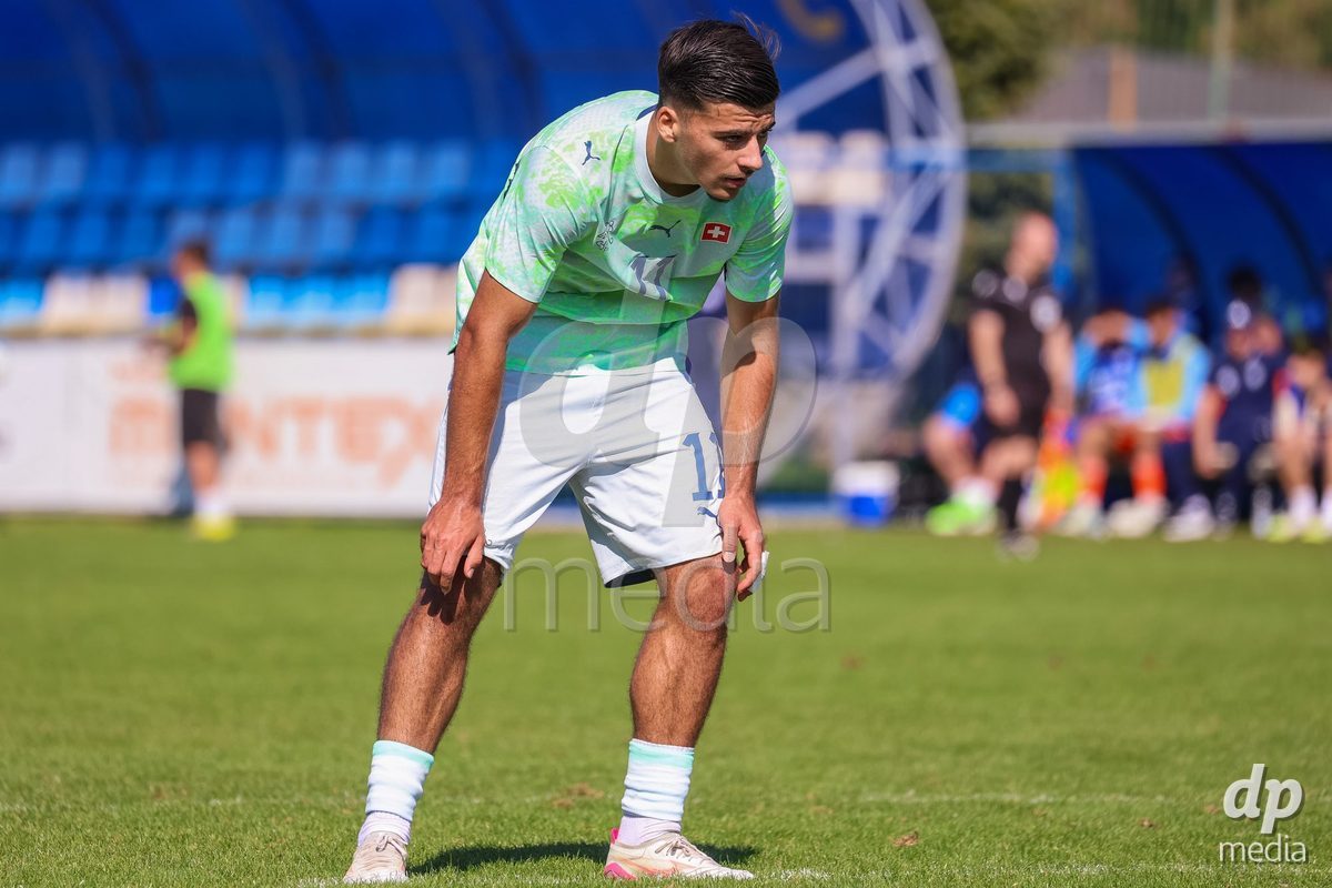 DUNAJSKA LUZNA, SLOVAKIA - SEPTEMBER 28: Nevio Scherrer 11 of Switzerland contentration the International Friendly football match between Kazakhstan U19 and Switzerland U19 on September 28, 2026 in Dunajska Luzna, Slovakia.