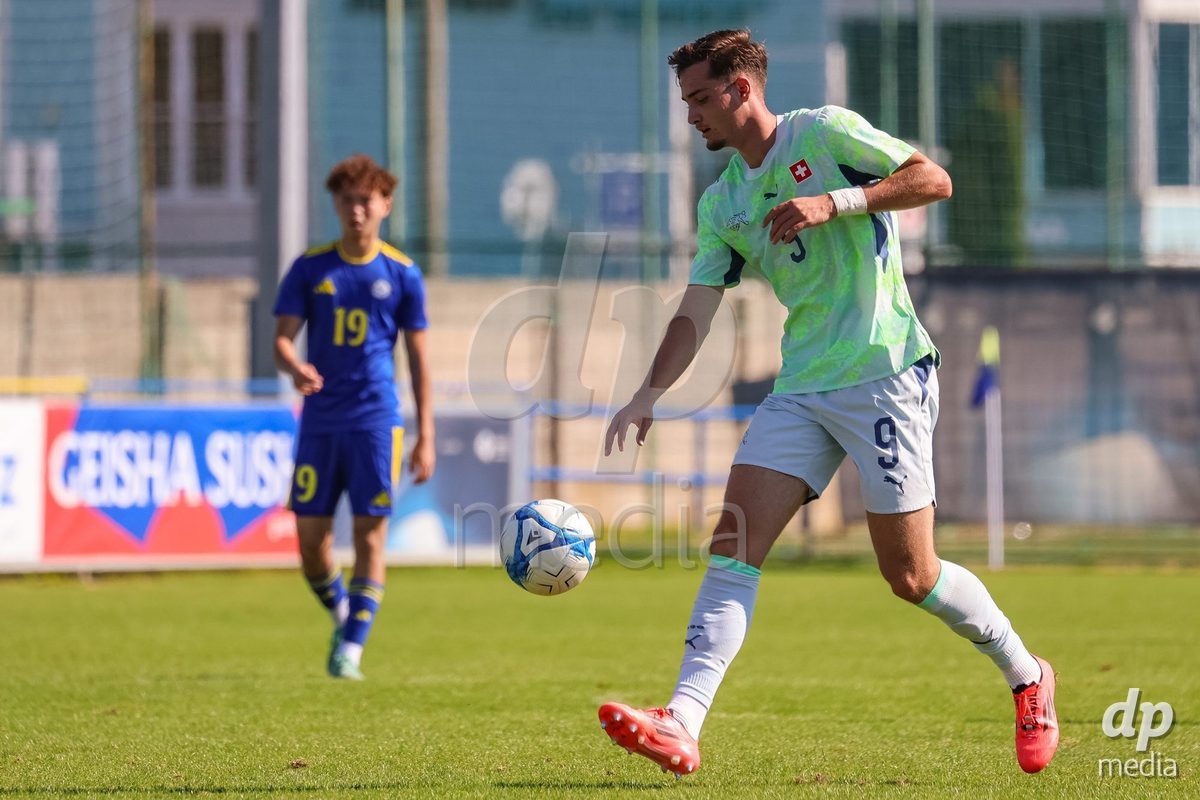 DUNAJSKA LUZNA, SLOVAKIA - SEPTEMBER 28: Ilija Despotovic 9 of Switzerland controls the ball during the International Friendly football match between Kazakhstan U19 and Switzerland U19 on September 28, 2026 in Dunajska Luzna, Slovakia.