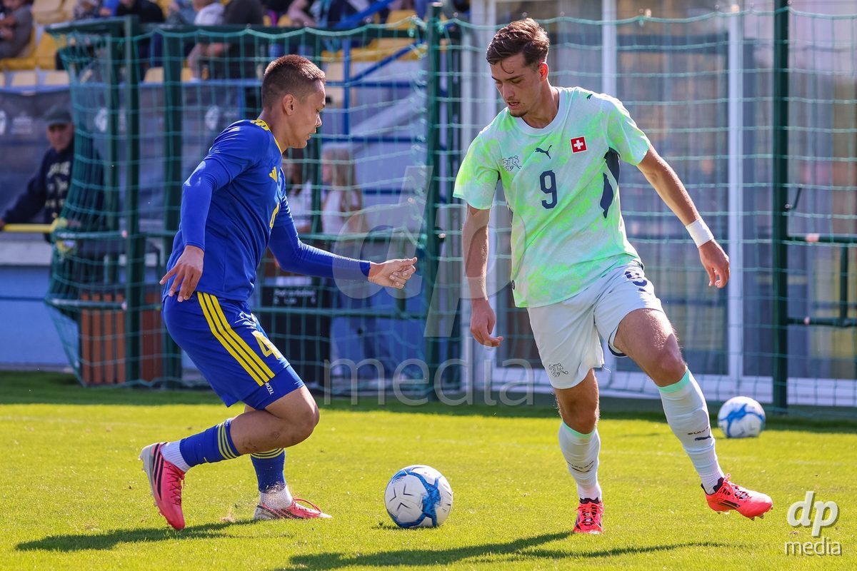 DUNAJSKA LUZNA, SLOVAKIA - SEPTEMBER 28: Ilija Despotovic 9 of Switzerland controls the ball during the International Friendly football match between Kazakhstan U19 and Switzerland U19 on September 28, 2026 in Dunajska Luzna, Slovakia.