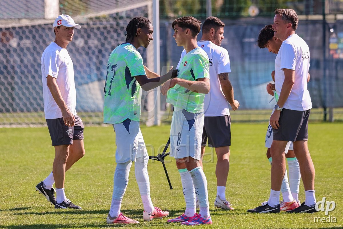 DUNAJSKA LUZNA, SLOVAKIA - SEPTEMBER 28: Switzerland delight  the International Friendly football match between Kazakhstan U19 and Switzerland U19 on September 28, 2026 in Dunajska Luzna, Slovakia.