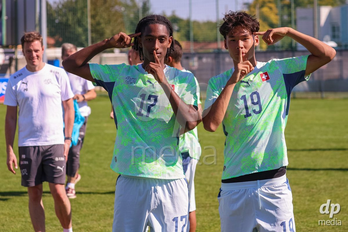 DUNAJSKA LUZNA, SLOVAKIA - SEPTEMBER 28: Norbu Lhakpa 19 and Josiah Seyfu 17 of Switzerland  the International Friendly football match between Kazakhstan U19 and Switzerland U19 on September 28, 2026 in Dunajska Luzna, Slovakia.