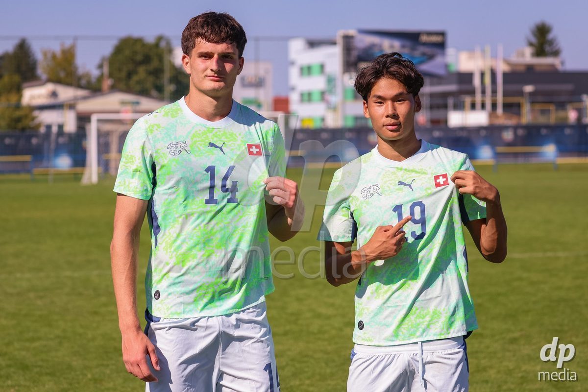 DUNAJSKA LUZNA, SLOVAKIA - SEPTEMBER 28: Norbu Lhakpa 19 and Aleksandar Sekulic 14 of Switzerland  the International Friendly football match between Kazakhstan U19 and Switzerland U19 on September 28, 2026 in Dunajska Luzna, Slovakia.