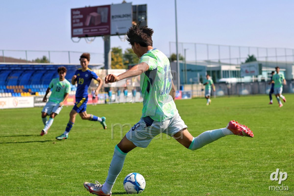 DUNAJSKA LUZNA, SLOVAKIA - SEPTEMBER 28:  Norbu Lhakpa 19 shoots on goall during the friendly international football match between Kazakhstan U19 and Switzerland U19 on September 28, 2026 in Dunajska Luzna, Slovakia.