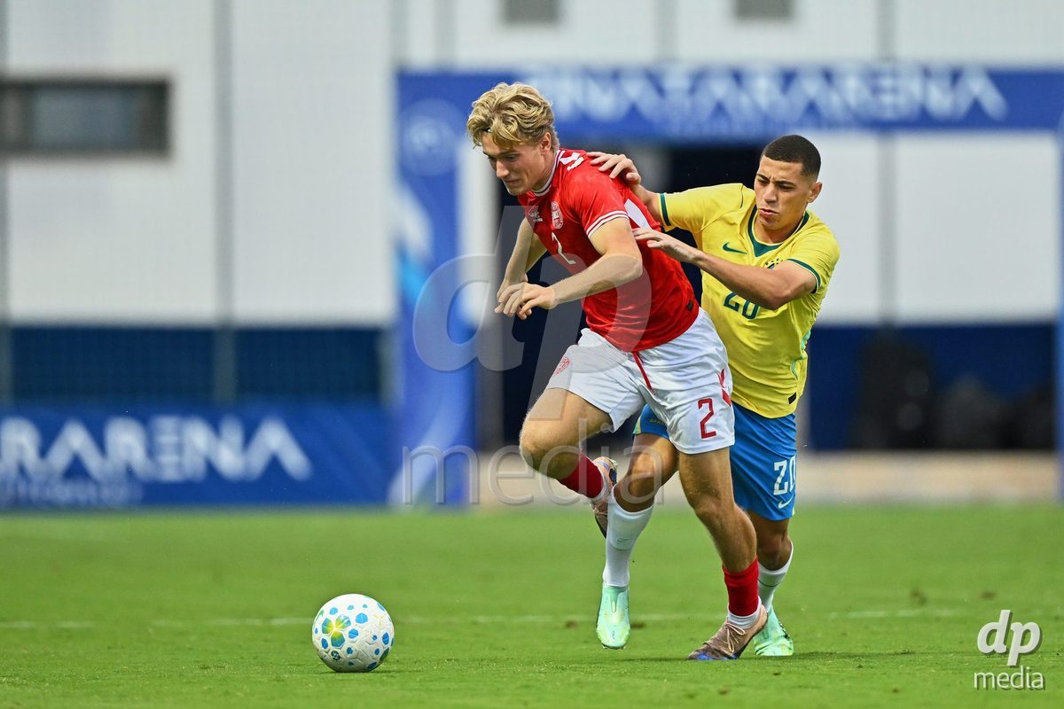 SAN PEDRO DEL PINATAR, SPAIN - SEPTEMBER 28: Victor Gustafsen of Denmark during the International Friendly match between Denmark U20 and Brazil U20 at Pinatar Arena on September 28, 2026 in San Pedro del Pinatar, Spain.