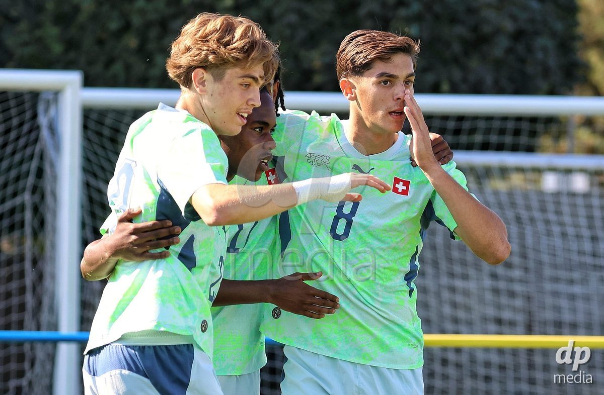 DUNAJSKA LUZNA, SLOVAKIA - SEPTEMBER 28:  Switzerland team goal celebration struggle for the ball during the friendly international football match between Kazakhstan U19 and Switzerland U19 on September 28, 2026 in Dunajska Luzna, Slovakia.