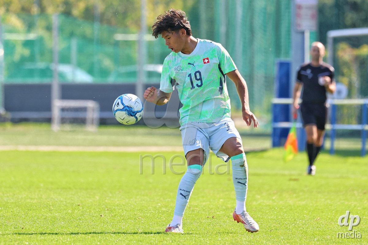 DUNAJSKA LUZNA, SLOVAKIA - SEPTEMBER 28:  Norbu Lhakpa 19 controls the balll during the friendly international football match between Kazakhstan U19 and Switzerland U19 on September 28, 2026 in Dunajska Luzna, Slovakia.