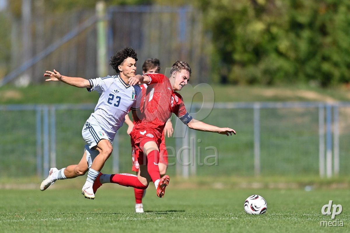 SAMOBOR, CROATIA - SEPTEMBER 29: Jacopo Landi of Italy and Frederik Vestergaard of Denmark during the International Friendly match between Denmark U18 and Italy U18 on September 29, 2026 in Samobor, Croatia. Photo: Igor Soban/Pixsell / DP Media