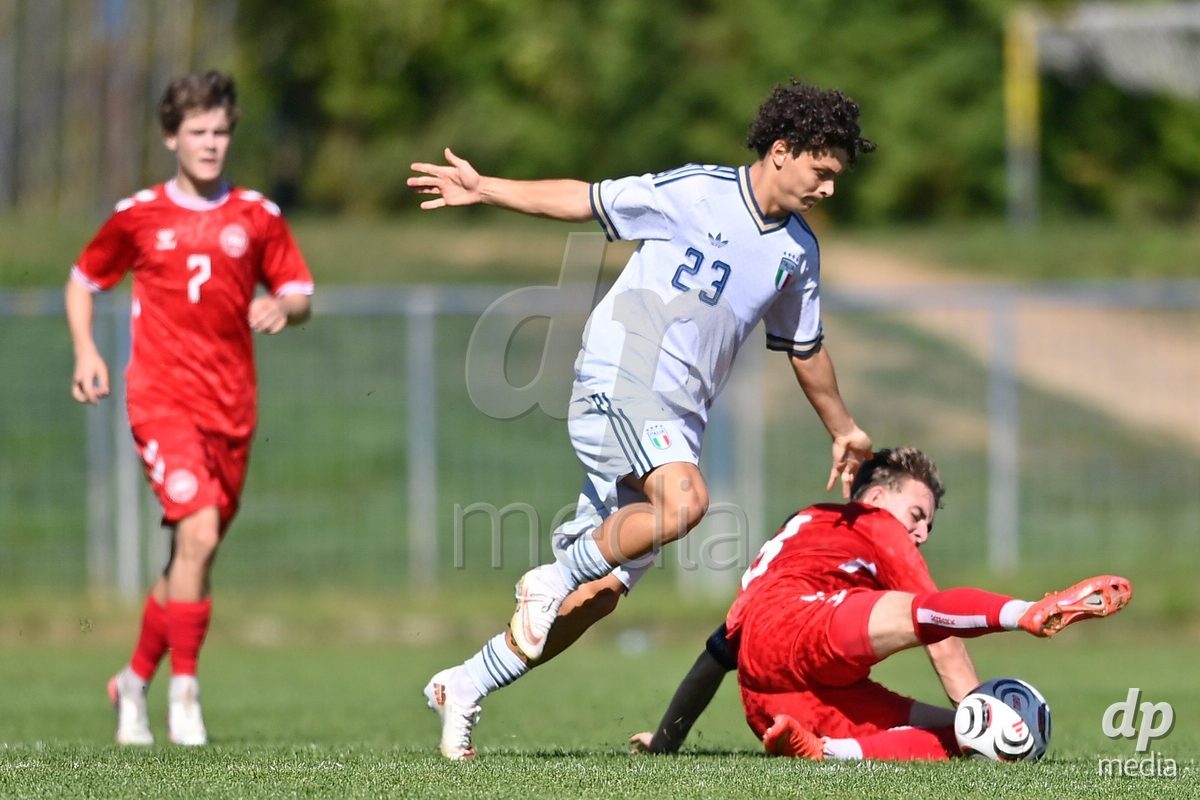 SAMOBOR, CROATIA - SEPTEMBER 29: Jacopo Landi of Italy and Frederik Vestergaard of Denmark during the International Friendly match between Denmark U18 and Italy U18 on September 29, 2026 in Samobor, Croatia. Photo: Igor Soban/Pixsell / DP Media