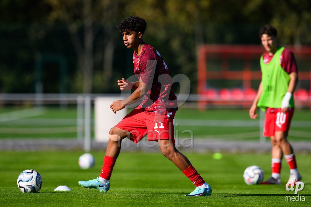 KOSMONSY, CZECH REPUBLIC - SEPTEMBER 28: Jean Doucoure of Switzerland during warm up before the International Friendly match between Czech Republic U18 and Switzerland U18 on September 28, 2026 in Kosmonsy, Czech Republic.