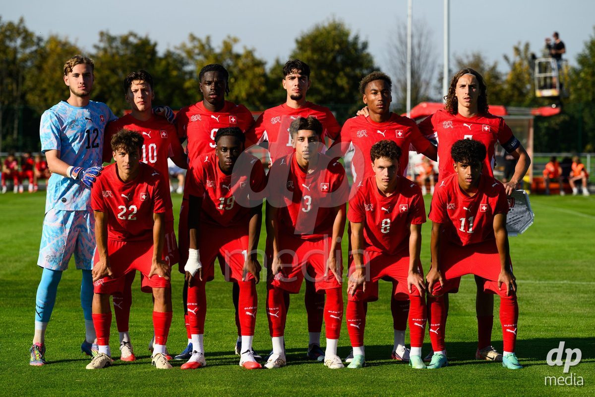 KOSMONSY, CZECH REPUBLIC - SEPTEMBER 28: The Swiss team during the national anthem during the International Friendly match between Czech Republic U18 and Switzerland U18 on September 28, 2026 in Kosmonsy, Czech Republic.