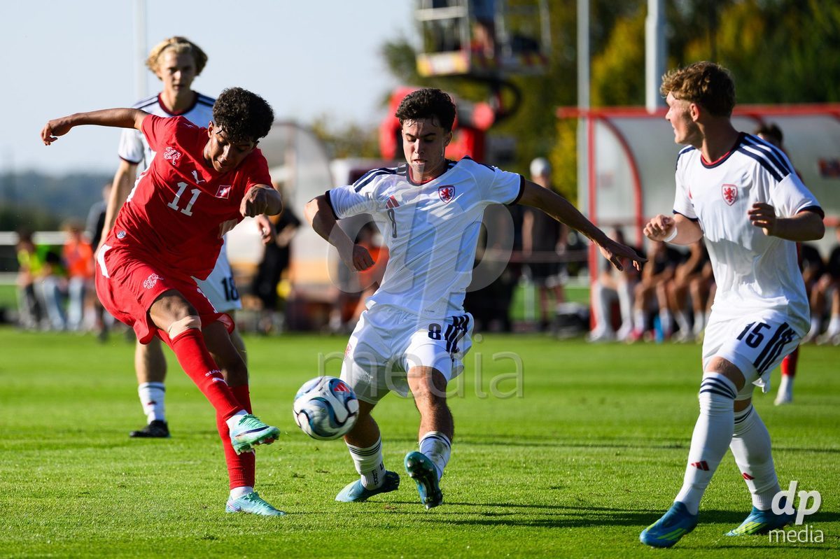 KOSMONSY, CZECH REPUBLIC - SEPTEMBER 28: Jean Doucoure of Switzerland (left) and Ondrej Masek of Czechia during the International Friendly match between Czech Republic U18 and Switzerland U18 on September 28, 2026 in Kosmonsy, Czech Republic.