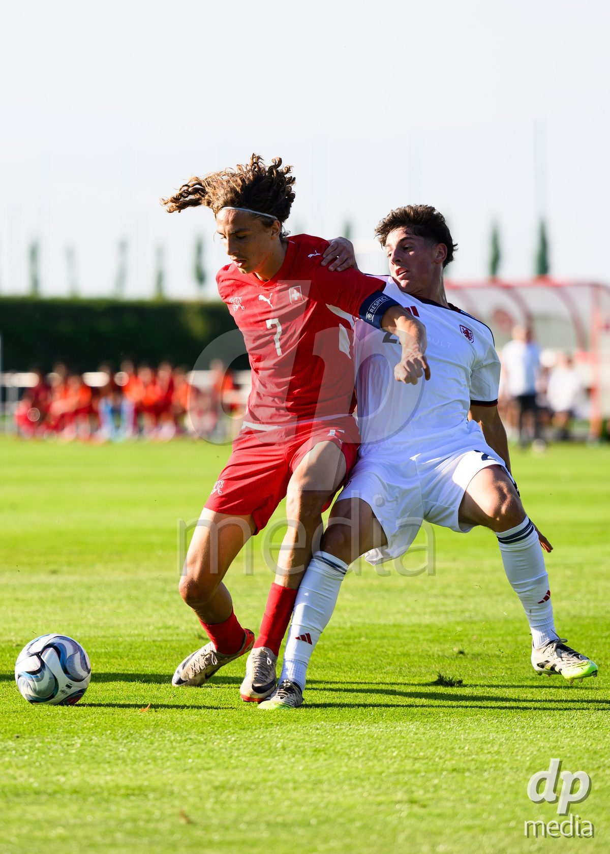 KOSMONSY, CZECH REPUBLIC - SEPTEMBER 28: Ivan Izquierdo of Switzerland (left) and Levi Katsell of Czechia during the International Friendly match between Czech Republic U18 and Switzerland U18 on September 28, 2026 in Kosmonsy, Czech Republic.