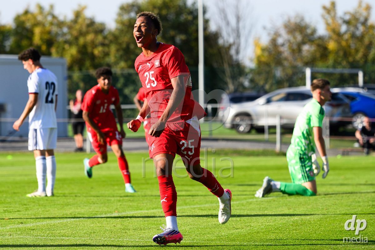 KOSMONSY, CZECH REPUBLIC - SEPTEMBER 28: Mathis Dind of Switzerland celebrates the opening goal during the International Friendly match between Czech Republic U18 and Switzerland U18 on September 28, 2026 in Kosmonsy, Czech Republic.