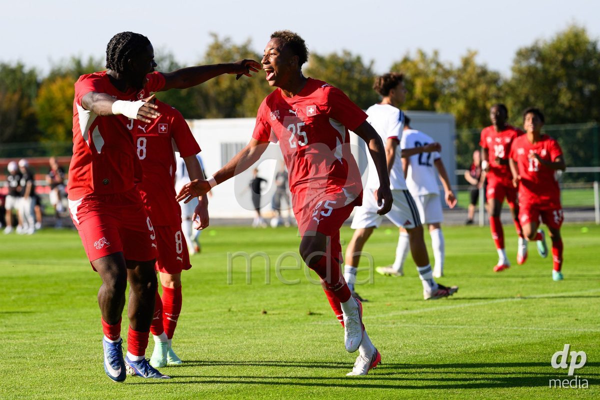 KOSMONSY, CZECH REPUBLIC - SEPTEMBER 28: Shedrach Ogbodu (left) and Mathis Dind of Switzerland celebrate the opening goal during the International Friendly match between Czech Republic U18 and Switzerland U18 on September 28, 2026 in Kosmonsy, Czech Republic.