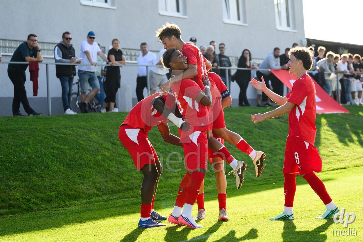 KOSMONSY, CZECH REPUBLIC - SEPTEMBER 28: Players of Switzerland celebrate the opening goal during the International Friendly match between Czech Republic U18 and Switzerland U18 on September 28, 2026 in Kosmonsy, Czech Republic.