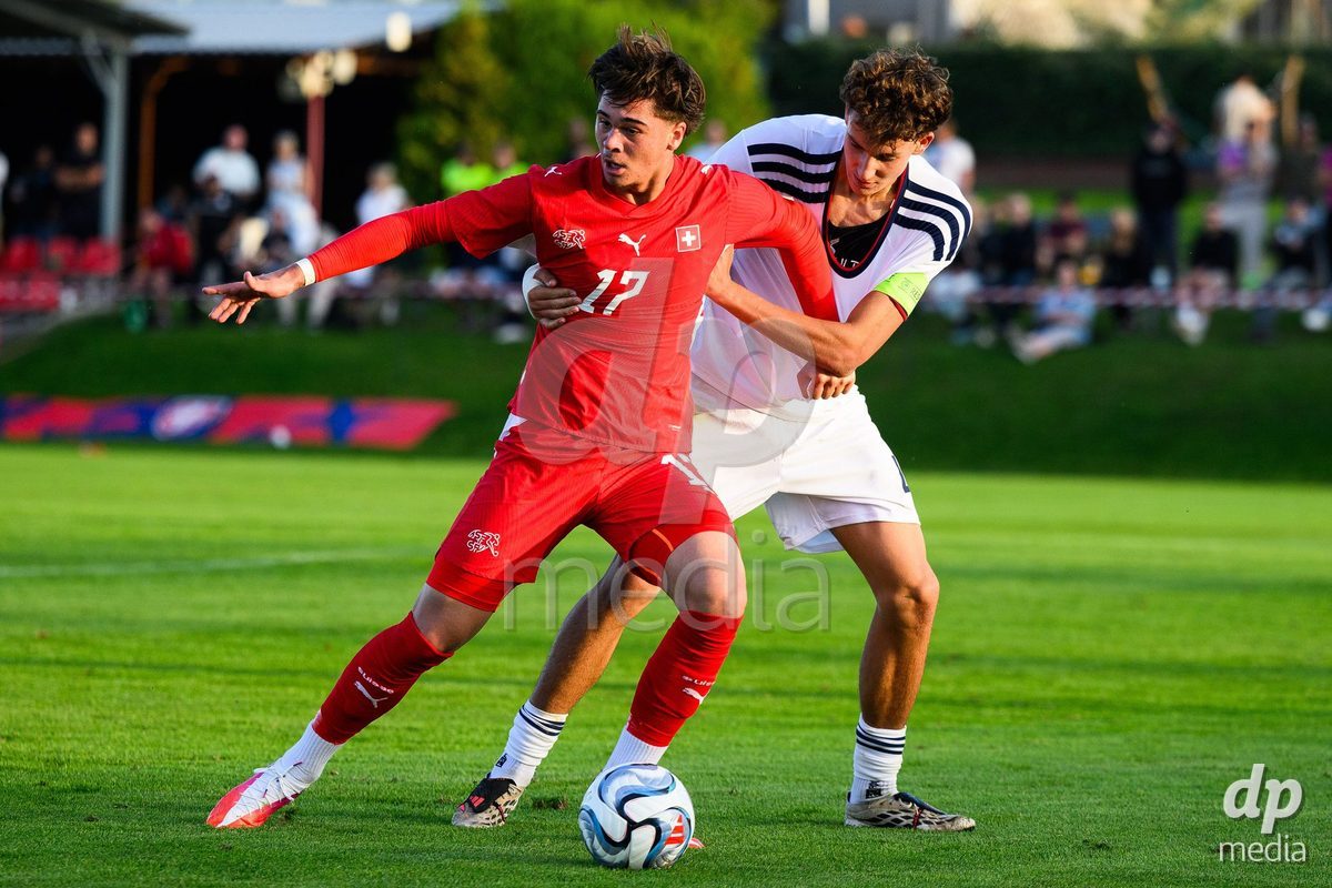 KOSMONSY, CZECH REPUBLIC - SEPTEMBER 28: Timo Wiesner of Switzerland (left) and David Baroc of Czechia during the International Friendly match between Czech Republic U18 and Switzerland U18 on September 28, 2026 in Kosmonsy, Czech Republic.