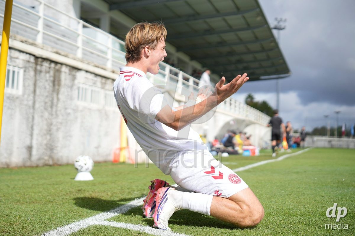 MEALHADA, PORTUGAL - SEPTEMBER 30: Tobias Ekstrand of Denmark celebrates a goal during the International Friendly match between Denmark U17 and Qatar U17 at Estadio Municipal Dr. Americo Couto on September 30, 2026 in Mealhada, Portugal.