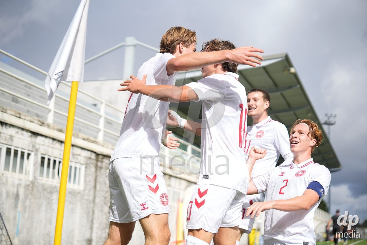 MEALHADA, PORTUGAL - SEPTEMBER 30: Tobias Ekstrand of Denmark celebrates with teammates during the International Friendly match between Denmark U17 and Qatar U17 at Estadio Municipal Dr. Americo Couto on September 30, 2026 in Mealhada, Portugal.