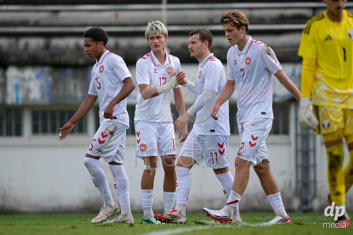 MEALHADA, PORTUGAL - SEPTEMBER 30: Anton Christiansen of Denmark celebrates with teammates during the International Friendly match between Denmark U17 and Qatar U17 at Estadio Municipal Dr. Americo Couto on September 30, 2026 in Mealhada, Portugal.